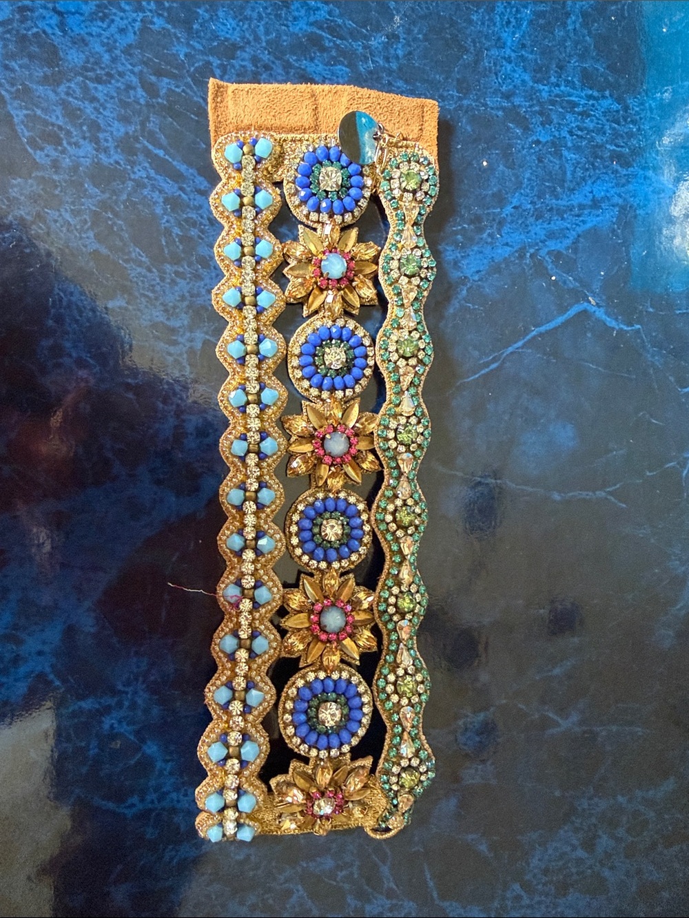Beaded Floral Statement Bracelet - Blue Green Gold